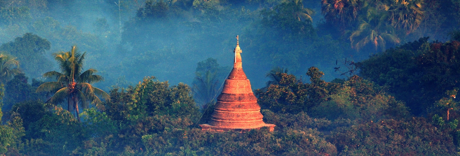 Morning mist in the jungle and hills outside Mrauk U town. West